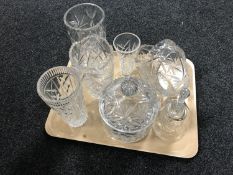 A tray of crystal to include baskets, lidded jar,