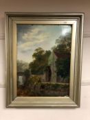 An overpainted print depicting Jesmond Dene waterfall, framed.