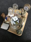 A tray of contemporary clocks, novelty items,
