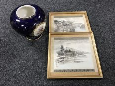 A continental blue and gilt porcelain vase together with two Chinese silkwork pictures