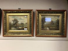 A pair of oil paintings depicting figures by a bridge and canal, signed indistinctly, framed.