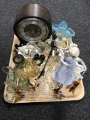 A tray of china figure, crystal, glass ornaments,