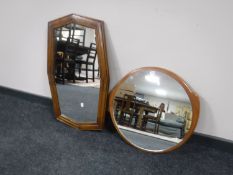 An early twentieth century oak framed mirror together with a circular teak framed mirror