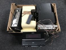 A box of vintage audio equipment, Dynatron radio, portable radios,