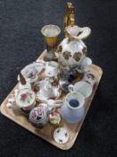 A tray of decorative china ornaments, ornamental egg on stand,