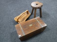 A Victorian walnut writing slope together with a treen basket and a rustic stool