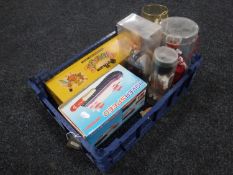 A crate of boxed Pelham puppet, boxed Hoverspeed hovercraft,