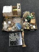 Three boxes of sea shells, glass ware, beer steins, collector's plates, onyx goblets,