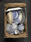 A box of antique and later blue and white Willow pattern china, Maling items,
