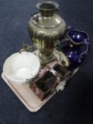 A tray of brass samovar, ornamental vase,