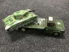A Japanese tin plate model toy : U.S. Army Truck and Tank.