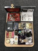 A tray containing a quantity of assorted costume jewellery, wristwatches,