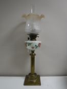 A Duplex Corinthian column oil lamp with hand-painted glass reservoir,