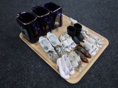 A tray of three Martel Grand National water jugs together with a collection of china shoes