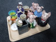A tray of Natwest pig money banks, Chinese vase, figure of Charles II etc.
