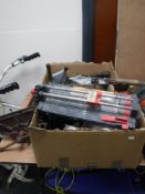 Two boxes of assorted hand tools, car jack,