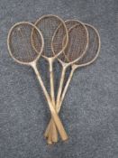 Four vintage tennis rackets, three boxes of books, tea china,