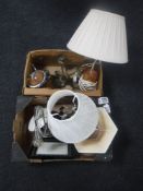 Two boxes of table lamps, gilt light fitting, assorted pictures,