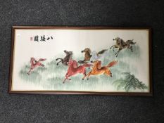 A framed Chinese silk embroidery panel depicting horses