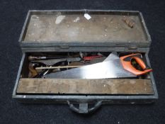 A mid 20th century pine joiner's tool box containing hand tolls,