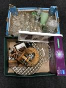 Two boxes of assorted glass ware, wooden puzzles,