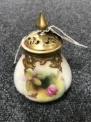 A Royal Worcester hand-painted potpourri pot with gilded lid and finial,