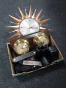 A box of sun burst wall clock, vintage and modern cameras,