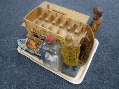 A tray of two hand built folk art models of a traction engine and an open top bus,