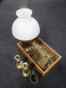 A pair of brass candlesticks, brass oil lamp,