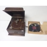 Oak cased Karna table top wind up gramophone, also various records.