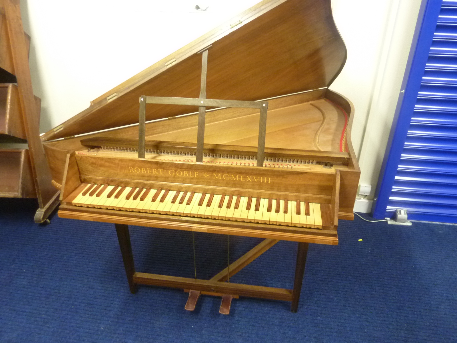 Robert Goble spinet / harpsichord, walnut veneer body with boxwood keys,