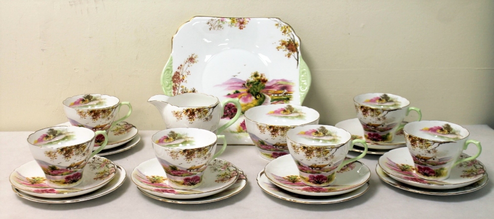 Shelley "Old Ireland" pattern tea set comprising; six trios, sugar bowl,