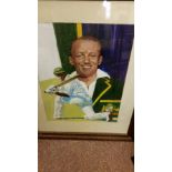 CRICKET, watercolour sketch of Don Bradman, by Ivan Rose (1983), full-length batting with inset