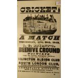 CRICKET, reprinted poster, Cricket Match - Islington Albion v South London, at Beehive Ground,