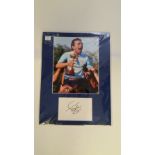 GOLF, signed piece (5.5 x 3.5) by Tony Jacklin overmounted beneath 8 x 10 photo of him being