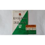 RUGBY UNION, England programme & ticket, v Ireland, 10th Feb 1962, VG to EX, 2