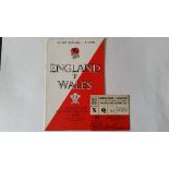 RUGBY UNION, England programme & ticket, v Wales, 16 Jan 1960, VG to EX, 2