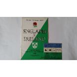 RUGBY UNION, England programme & ticket, v Ireland, 13th Feb 1960, VG to EX, 2