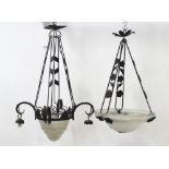 2 Art Deco Frosted Glass Wrought Iron Chandeliers