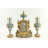 French Gilt Brass & Sèvres Style 3-Piece Clock Set