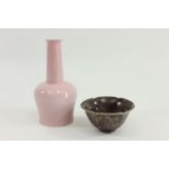 Asian Pink Long-Neck Vase & Bowl with Flowers