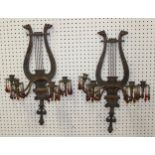 Pair Empire Style Lyre Design Bronze Sconces