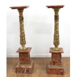 Pair Orange Marble & Bronze Pedestals