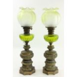 Pair Bronze & Glass Electrified Oil Lamps