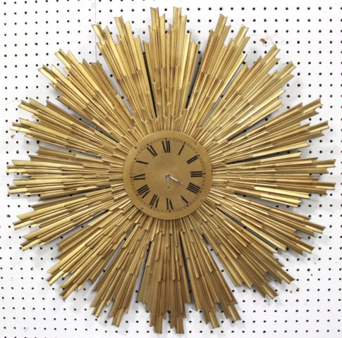 Mid-Century Modern Gilt Bronze Sunburst Clock