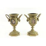 Pair Bronze Urns with Porcelain Plaques