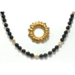 Black Onyx & Gold Beaded Necklace & Tiffany Pin