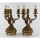 Pair 3-Arm Gilt Bronze & Marble Candelabra