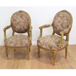 Pair Louis XVI Style Giltwood French Fauteuils