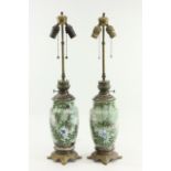 Pair Enameled Green Porcelain Lamps